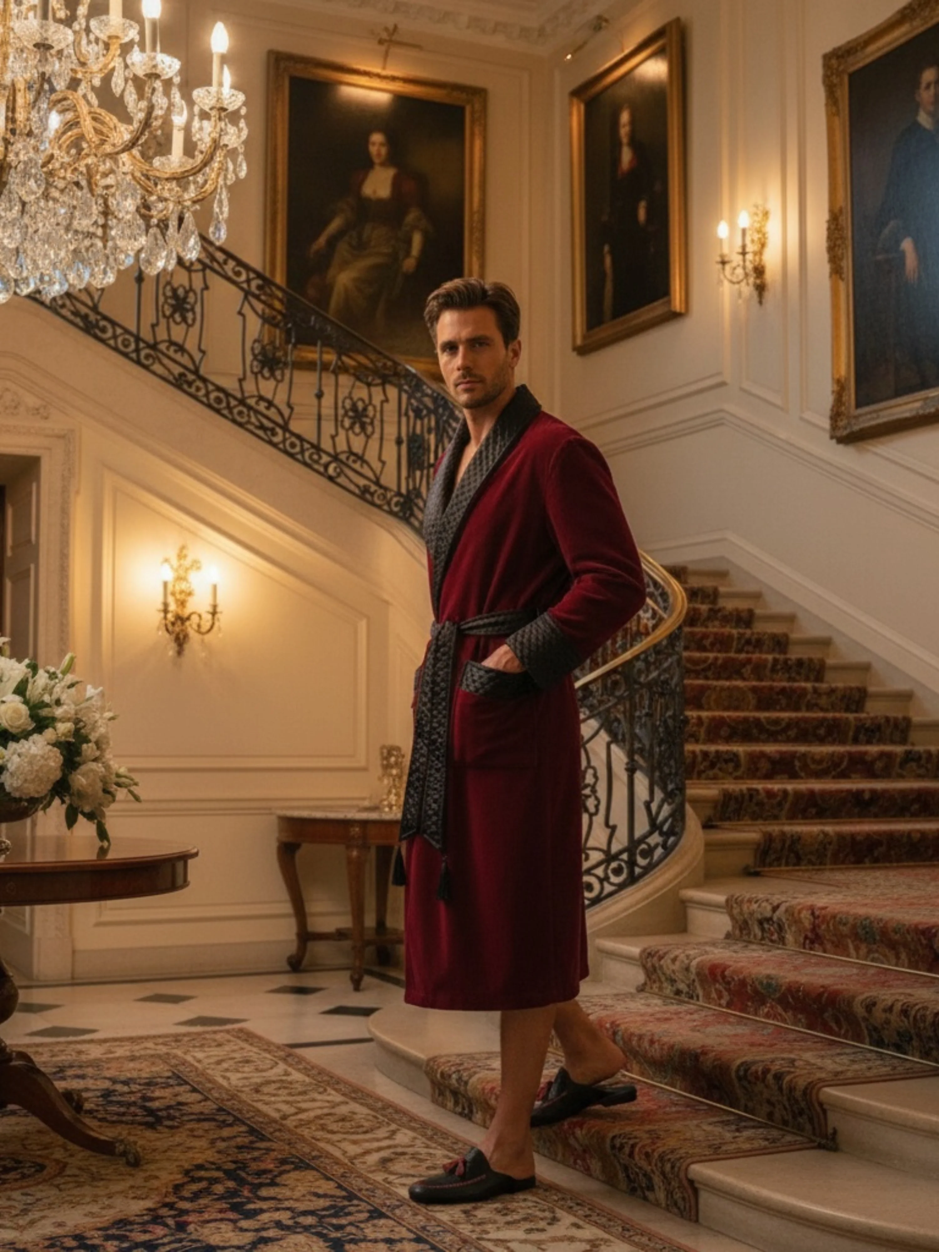 Astor Luxury Cotton Long Velvet Smoking Jacket in Burgundy - Image 3