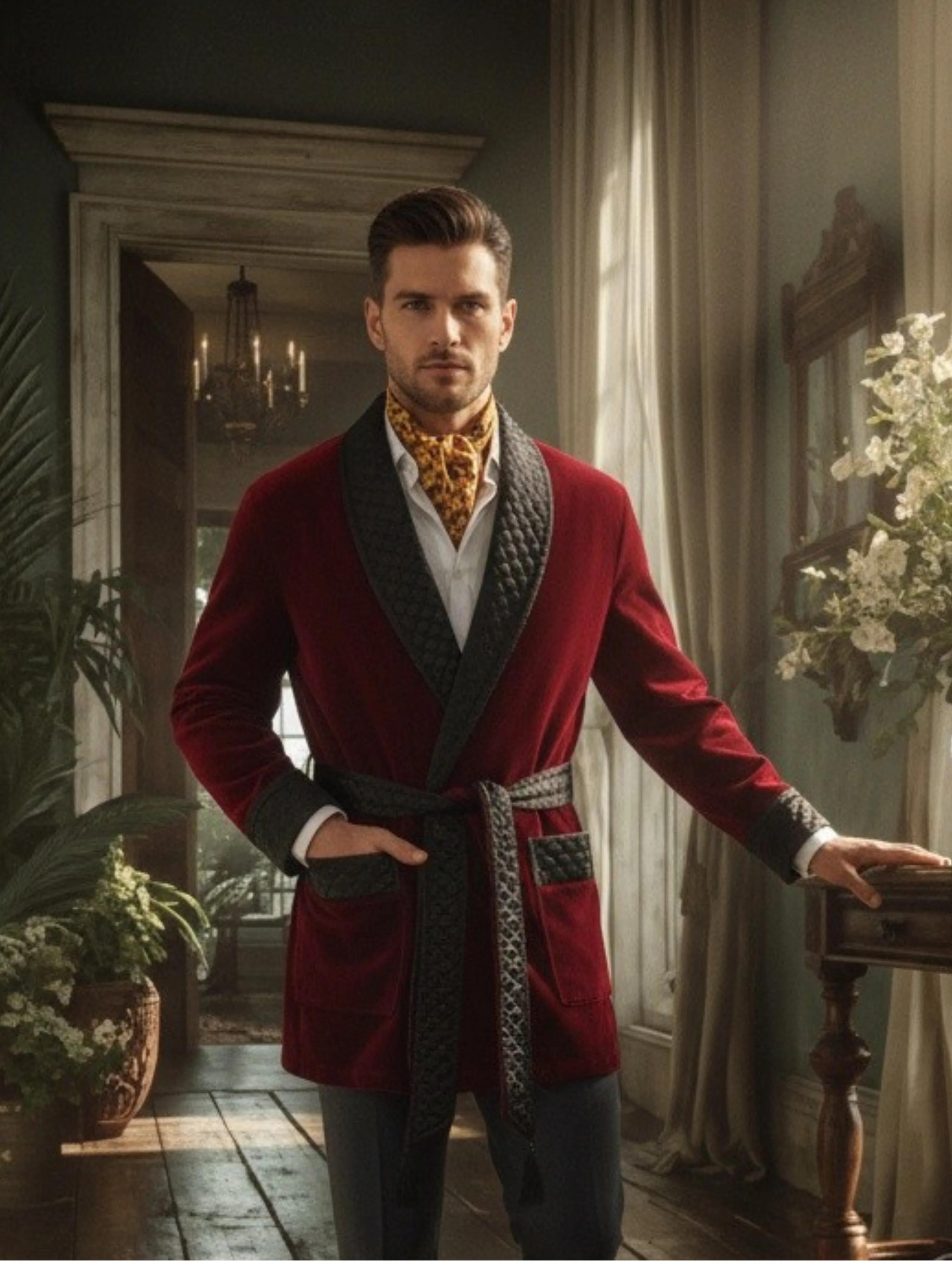 Belgravia Luxury Cotton Short Velvet Smoking Jacket in Burgundy - Image 3