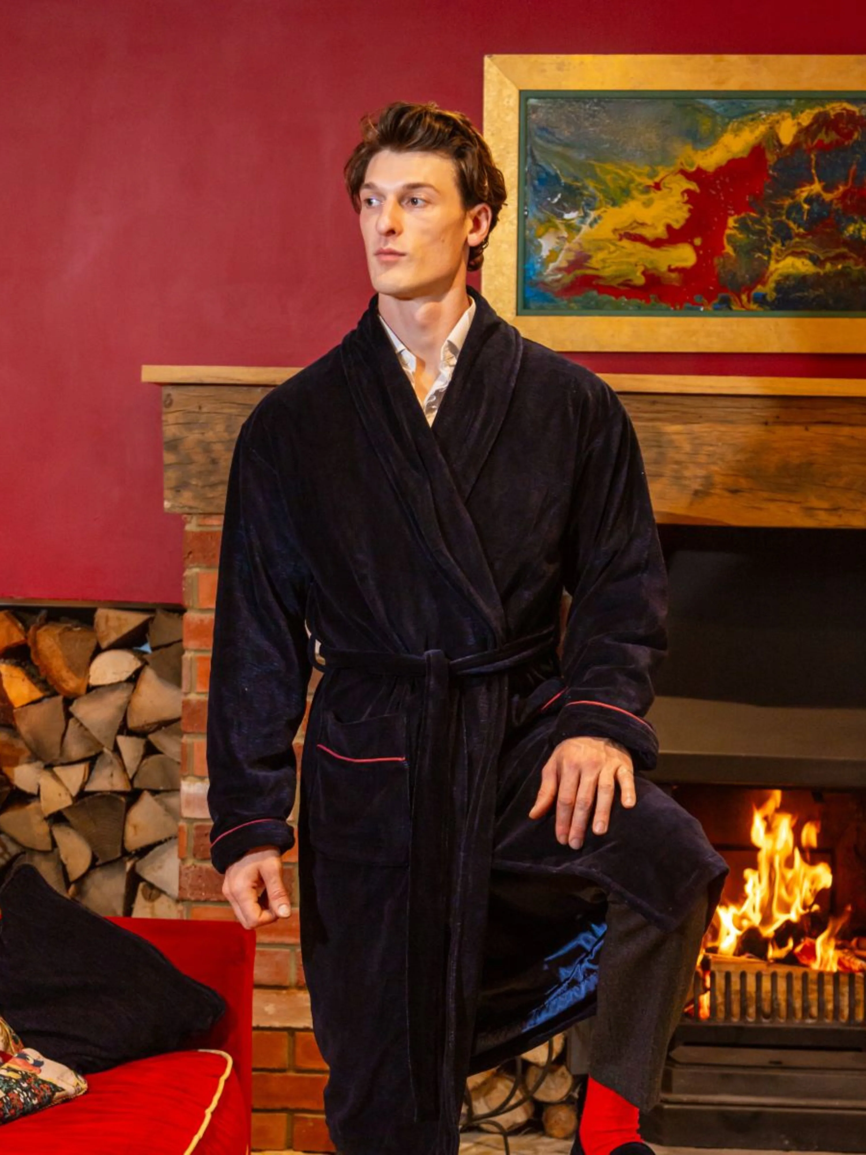 Carnegie Luxury Cotton Long Velvet Smoking Jacket in Navy - Image 3
