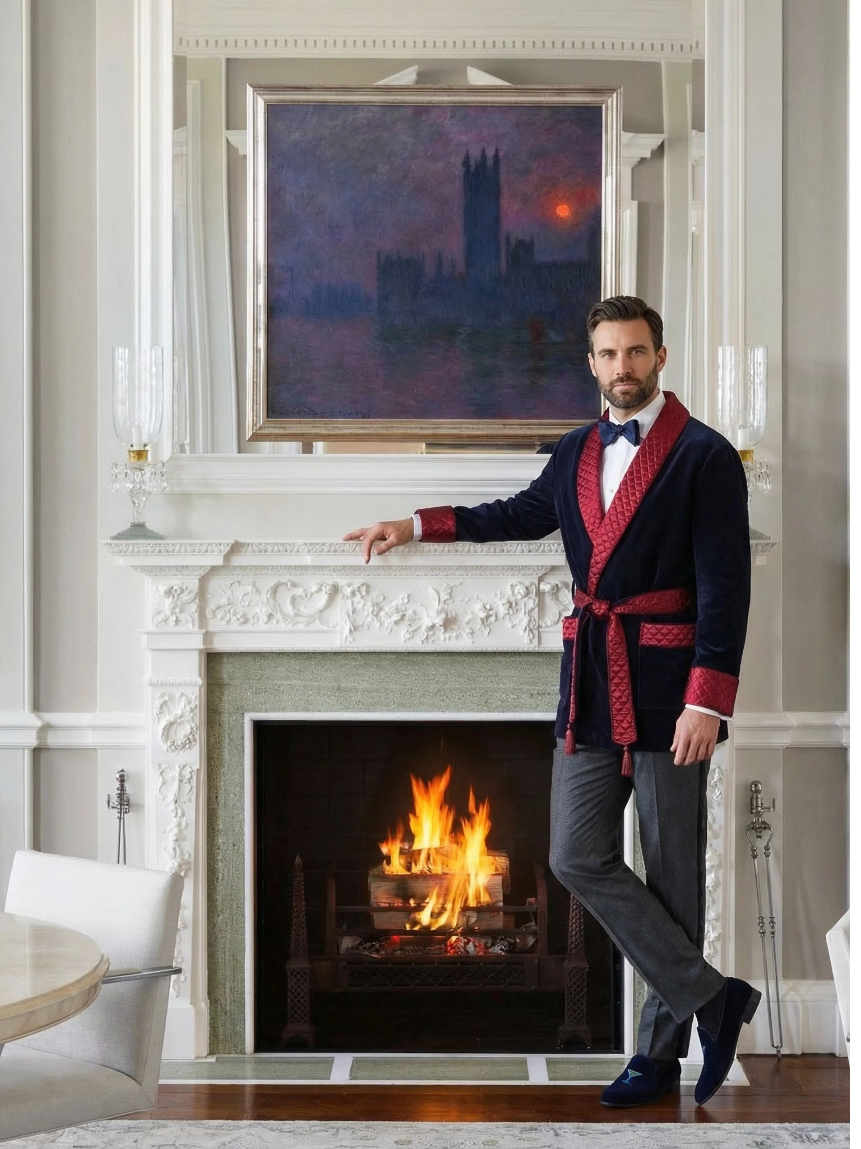 Cliveden Short Velvet Navy Smoking Jacket with Burgundy Piping - Image 3