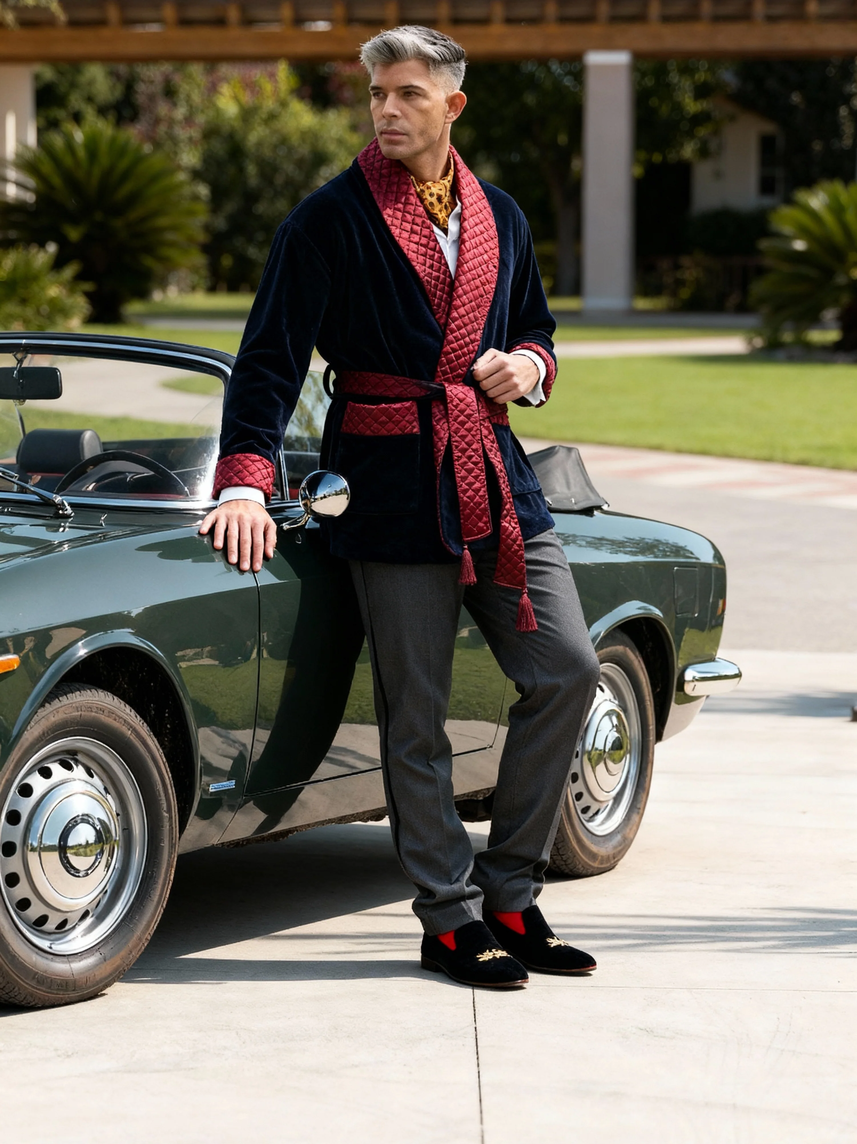 Cliveden Short Velvet Navy Smoking Jacket with Burgundy Piping - Image 4