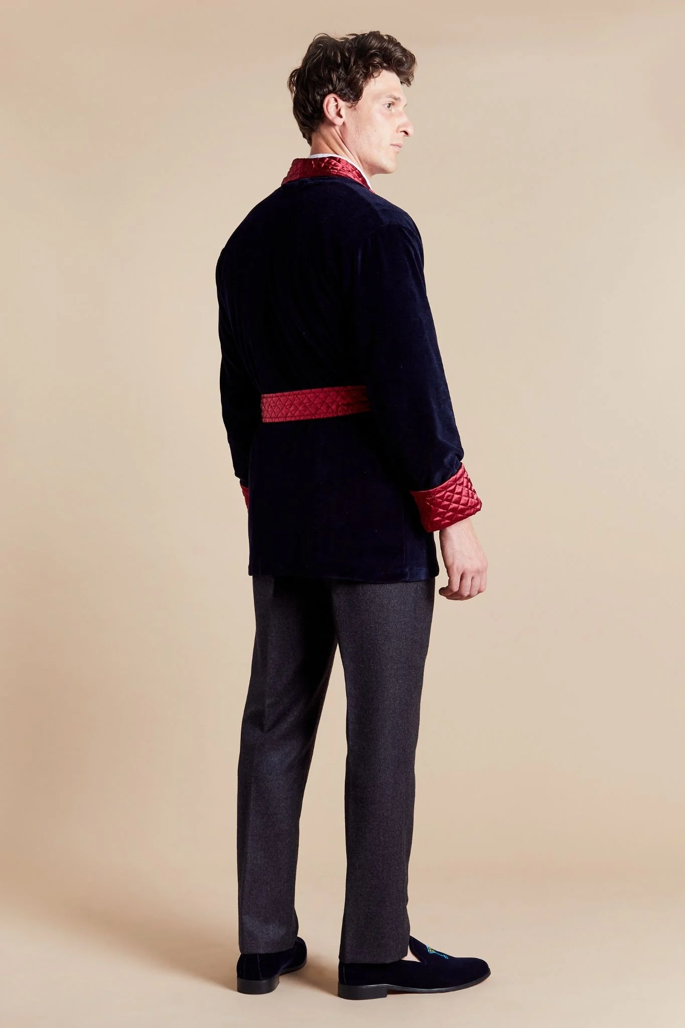 Cliveden Short Velvet Navy Smoking Jacket with Burgundy Piping - Image 6