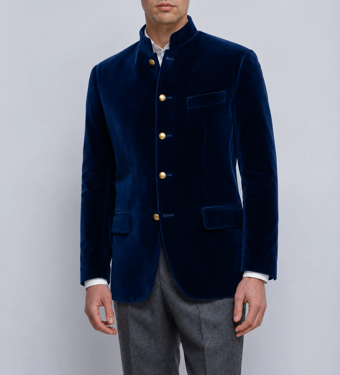 Made to Measure Navy Italian Velvet Nehru Collar Jacket - Image 2