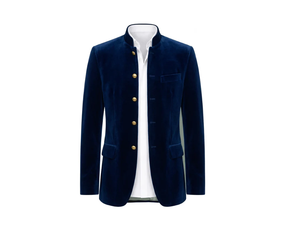 Made to Measure Navy Italian Velvet Nehru Collar Jacket - Image 3