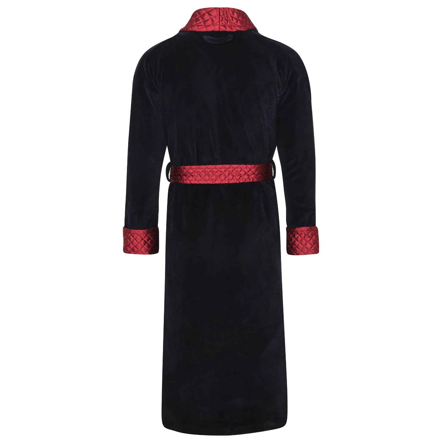 Mayfair Long Velvet Navy Smoking Jacket with Burgundy Piping - Image 4