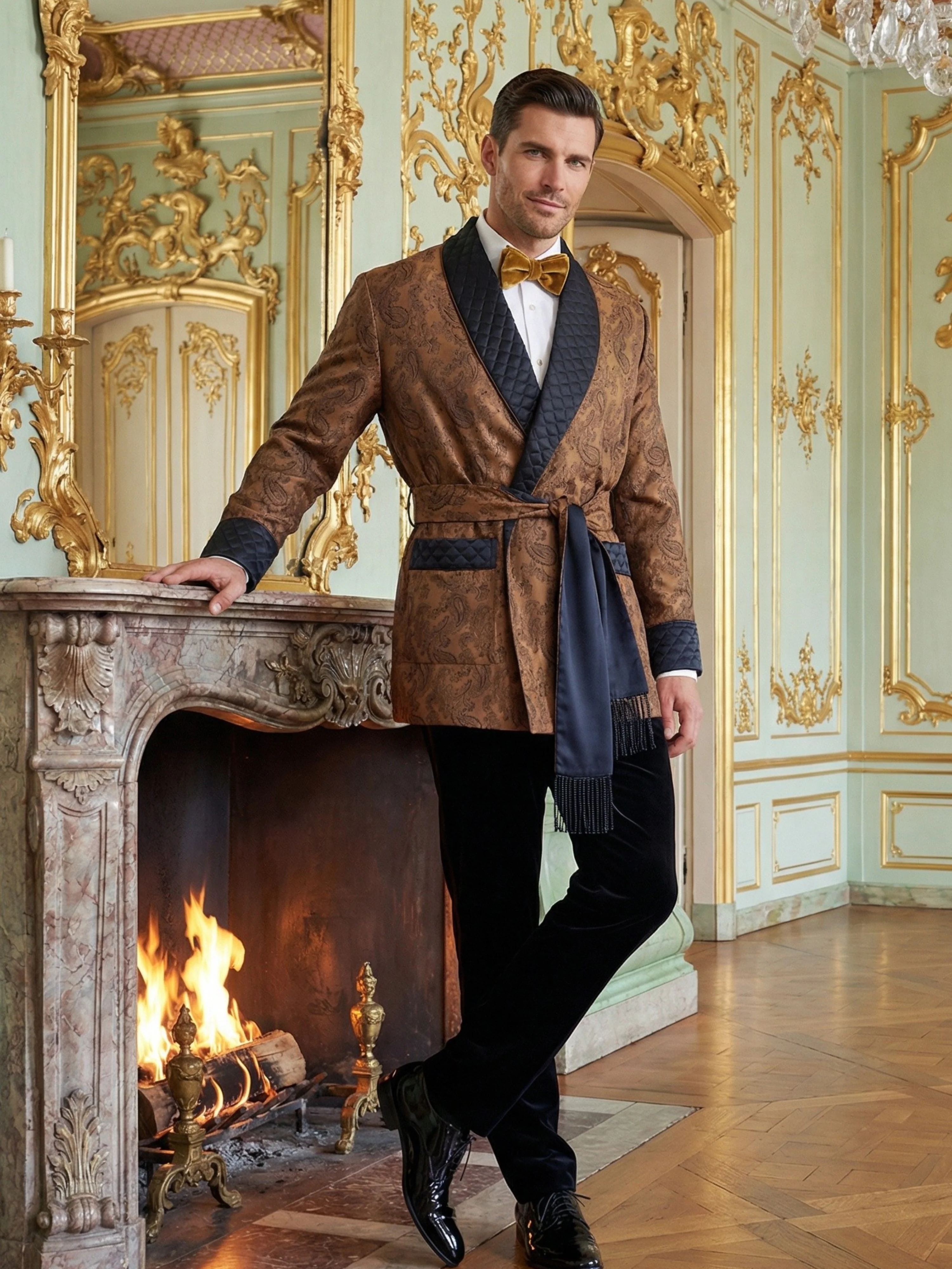 Midas Short Velvet Smoking Jacket in Gold - Image 2