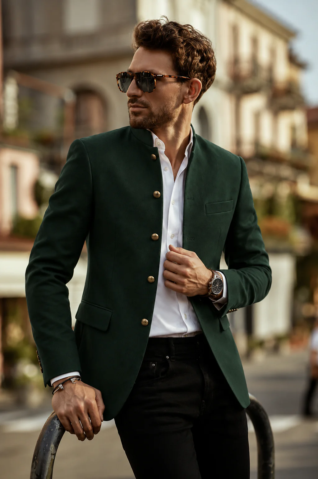 Made to Measure Green Italian Velvet Nehru Collar Jacket - Image 2